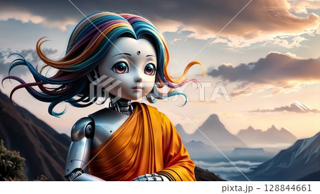 humanoid robot with colorful flowing hair wearing traditional orange garment in scenic mountain landscape for use in futuristic culture digital art and nature themes 128844661