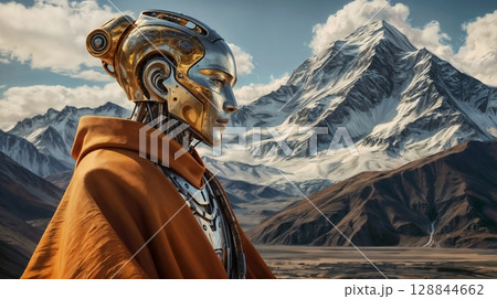 futuristic humanoid figure in mechanical suit with flowing orange cloak standing thoughtful against snow capped mountain for use in sci fi technology and nature backgrounds 128844662