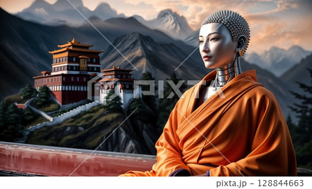 humanoid robot wearing traditional buddhist robes standing thoughtful in mountain landscape with temple for use in relaxation meditation and spiritual projects 128844663