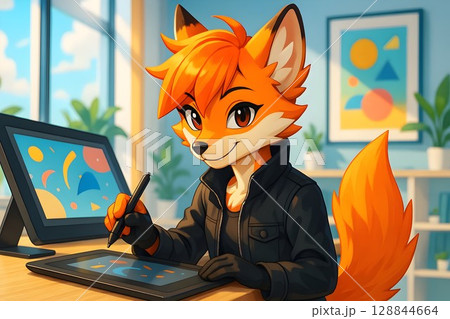 playful cartoon fox drawing on graphic tablet at digital workstation for use in creative design, animation, or illustration themed projects 128844664
