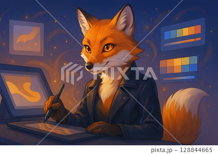 fun fox character using computer and graphic tablet in modern workspace for use in children media, digital art, or freelance content 128844665
