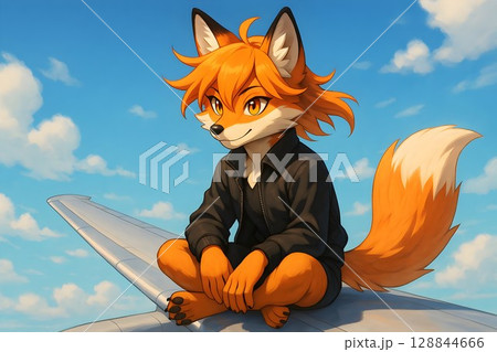 cartoon fox sitting cross legged on airplane wing in blue sky with clouds for use in travel, animation, or adventure themed projects 128844666