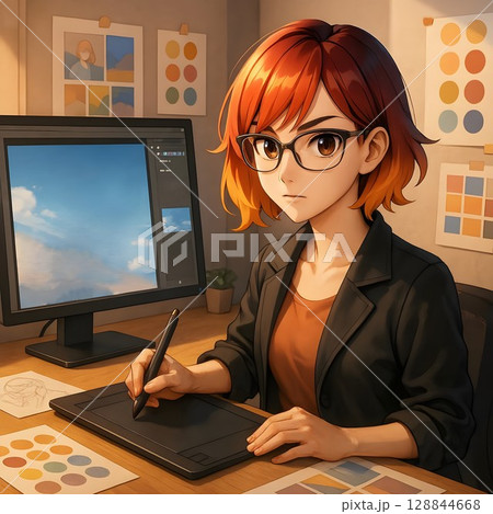 digital artist working with graphic tablet and computer monitor at modern workspace for use in creative design, freelance, or tech related content 128844668