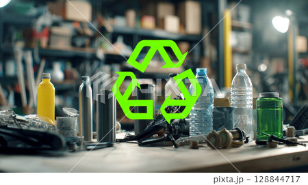 Green recycling symbol overlays a collection of recyclable materials, including plastic bottles and metal containers. Themes of environmental responsibility, waste reduction, importance of recycling 128844717