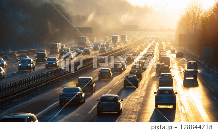 An expansive view of a multi-lane highway packed with cars during rush hour, illuminated by the warm, golden light of either sunrise or sunset, emphasizing scale of urban congestion, daily commutes An expansive view of a multi-lane highway packed with cars during rush hour, illuminated by the warm, golden light of either sunrise or sunset, emphasizing scale of urban congestion, daily commutes 128844718