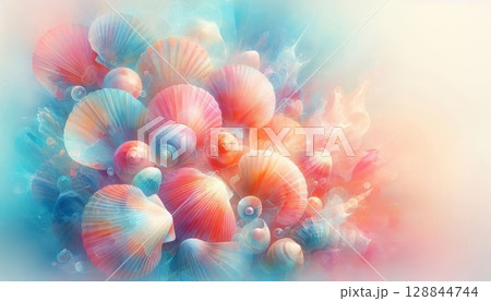 Translucent seashells painted in soft sunrise watercolor tones of peach, pale yellow, lavender, and light blue, with a gentle, airy composition 128844744