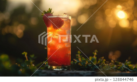 Colorful strawberry basil mocktail with herbs and ice in a tall glass, set outdoors with soft sunlight and casual summer feel Colorful strawberry basil mocktail with herbs and ice in a tall glass, set outdoors with soft sunlight and casual summer feel 128844746