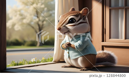charming cartoon chipmunk relaxing on porch with flowing curtain for peaceful atmosphere in artwork 128844800