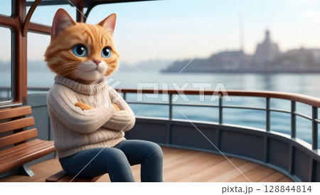cute pensive cat on ferry with calm water and urban skyline in background for use in editorial content postcards or storytelling illustrations cute pensive cat on ferry with calm water and urban skyline in background for use in editorial content postcards or storytelling illustrations 128844814