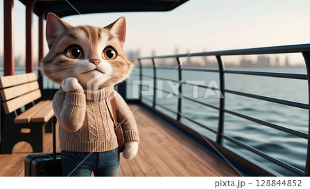 cute casual cat standing by suitcase on ferry with gentle breeze and city view for themes of exploration, lighthearted travel, and scenic vistas cute casual cat standing by suitcase on ferry with gentle breeze and city view for themes of exploration, lighthearted travel, and scenic vistas 128844852