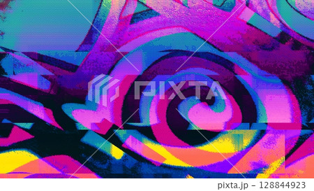 Funky Glitch Art with Neon Swirl in Purple, Blue, Yellow Y2K Aesthetic 128844923