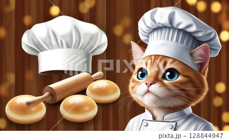 heartwarming bakery moment with a chef cat and warm bread on a wooden surface 128844947