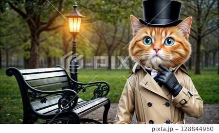 melancholic night park background with old fashioned lantern vintage bench and stylish cat for storytelling visuals historical designs or fantasy art melancholic night park background with old fashioned lantern vintage bench and stylish cat for storytelling visuals historical designs or fantasy art 128844980