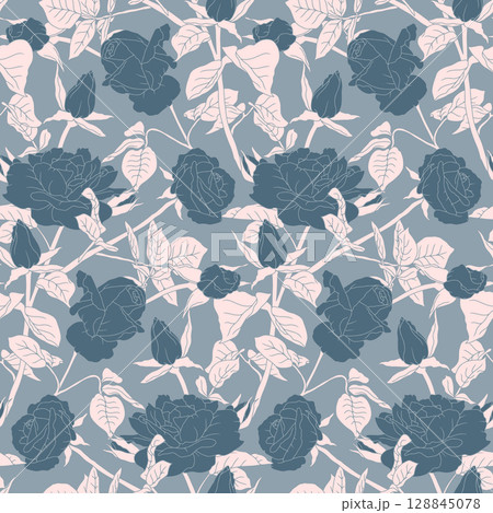 Vintage seamless pattern with hand drawn blue rose flowers silhouettes with white leaves 128845078
