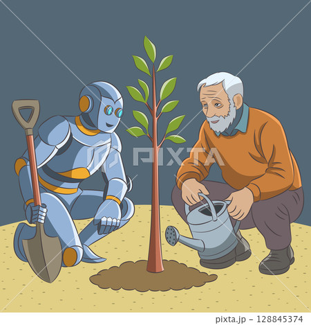 Robot and elderly man planting tree, concept illustration Robot and elderly man planting tree, concept illustration 128845374