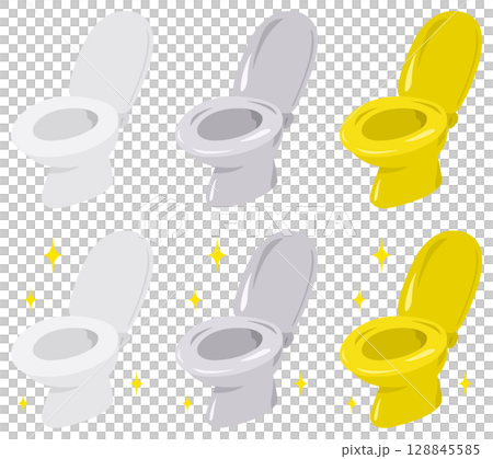 A clean white toilet, a silver toilet, and a gold toilet. A sparkling toilet set. 128845585