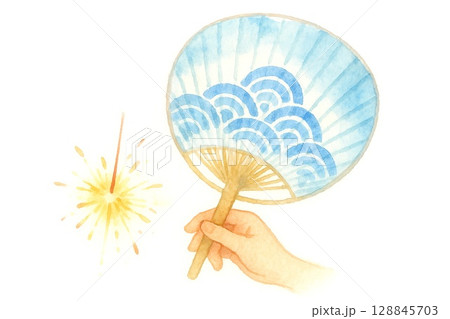 夏イメージ小物イラスト　うちわと線香花火 128845703