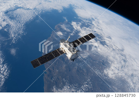 次世代の通信インフラである低軌道通信衛星をリアルに描いたAI生成画像 128845730