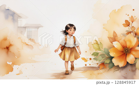 水彩画風の温かな色調で描かれた制服姿の少女が花咲く道を歩く美しいイラスト作品 128845917
