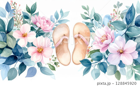 女の子向けのビーチサンダル、夏休みを象徴する花と葉に囲まれた爽やかなイメージ 128845920