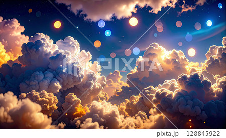 夏の力強い入道雲と、その隣に浮かぶ秋の繊細なうろこ雲、季節の移ろいを感じる空の景色、青空に浮かぶ対照 128845922