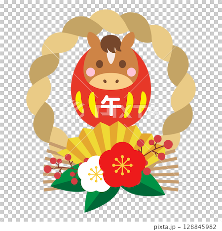 A simple New Year's illustration of a horse year daruma and shimenawa 128845982