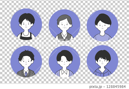 Set of 6 male icons of different ages and occupations: young people, middle-aged, elderly, suits, casual clothes, apron Set of 6 male icons of different ages and occupations: young people, middle-aged, elderly, suits, casual clothes, apron 128845984