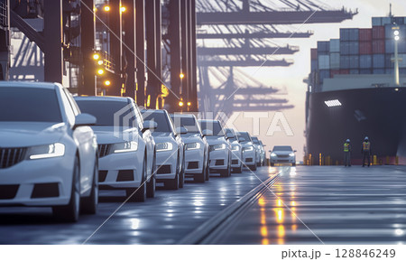 港で整列する輸出用車 ― 自動車のグローバル物流現場 128846249