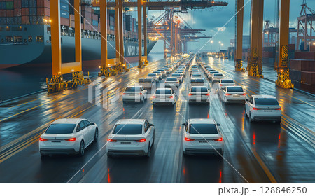 港で整列する輸出用車 ― 自動車のグローバル物流現場 128846250