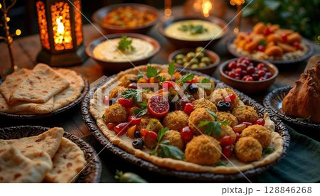 A table adorned with Middle Eastern delicacies pita, olives, hummus, falafel, dolma, and Ramadan-themed decor 128846268