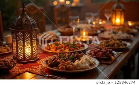 An elegant table laid out with traditional Arab dishes, sweets, dates, and candles, beautifully decorated for the iftar celebration during Ramadan 128846274