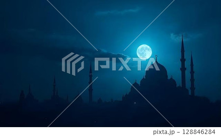 A serene mosque silhouette against the night sky, illuminated by the moon, embodying the spirit of Ramadan 128846284