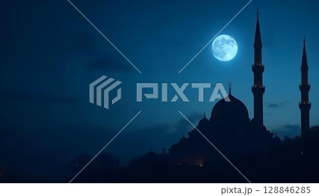 Silhouette of a mosque at night under a glowing moon, symbolizing peace and spirituality during Ramadan 128846285