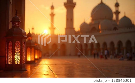 Islamic lantern glowing in the sunset, symbolizing Ramadan near a mosque, creating a serene and spiritual atmosphere 128846301