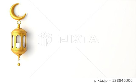 A golden crescent and lamp on a white background, highlighting Islamic artistry and the significance of Ramadan 128846306