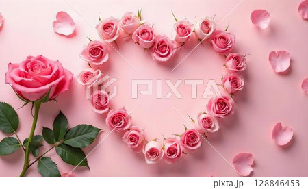 A delicate pink rose on a soft pink background, symbolizing love and appreciation for mothers on Mother's day 128846453