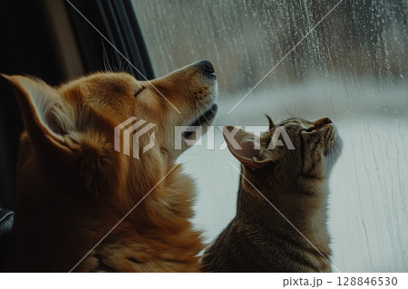 Cozy Winter Scene with Dog and Cat by the Window 128846530