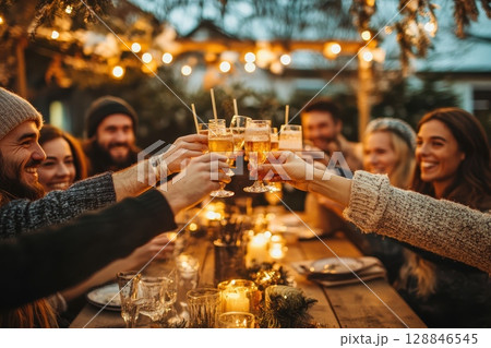 Joyful Friends Toasting with Drinks Together 128846545