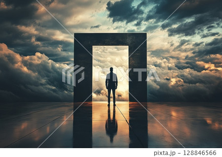 Man Standing Before a Large Open Door in Clouds 128846566