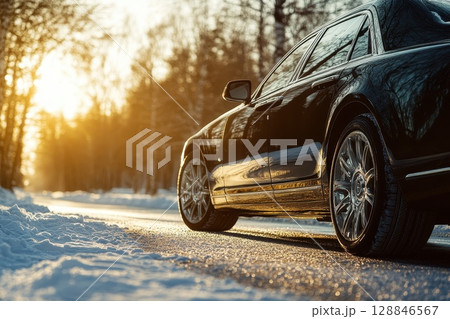 Luxury Car on Snowy Road at Sunset 128846567