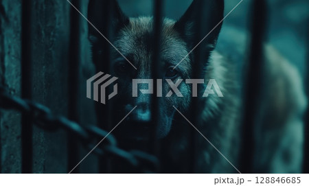 Dog in Iron Cage Experiencing Emotional Distress Dog in Iron Cage Experiencing Emotional Distress 128846685