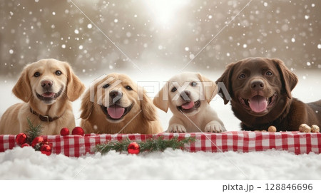 Joyful Pets Playing Together in Winter Wonderland 128846696
