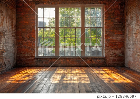 Spacious Room with Wooden Floor and Large Windows 128846697