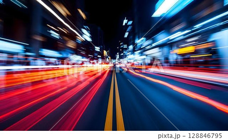 Nighttime city street, blurred and adorned with abstract neon lights, evoking a lively and energetic urban vibe 128846795
