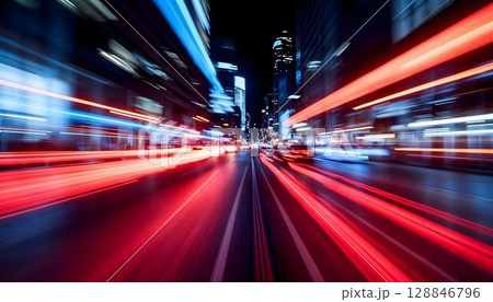 A hazy city street scene at night, featuring abstract neon lights that add a colorful glow to the surroundings 128846796