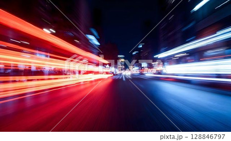 Blurry city street at night illuminated by abstract neon lights, creating a vibrant and dynamic urban atmosphere 128846797