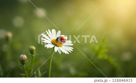 A ladybug perched on a daisy in a vibrant spring meadow, showcasing nature's beauty and delicate details 128846915