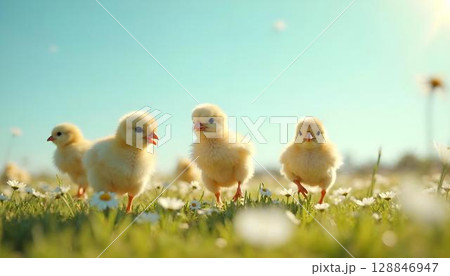 A group of little chicks walking through a meadow filled with blooming daisies in a vibrant spring setting 128846947
