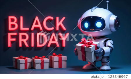 robot with gift boxes and neon sign red black friday sale concept 128846967