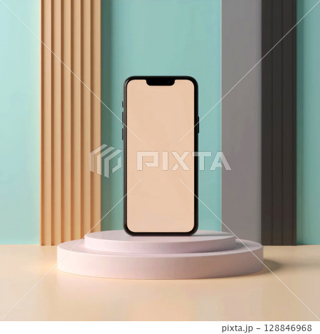smartphone with blank screen on podium on color background, smartphone display mockup 128846968